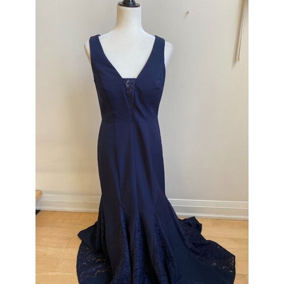 ELIZA J. BNWOT Womens V-Neck Lace Detail Sz 6 Full Length Formal Dress Navy Blue - Picture 2 of 10